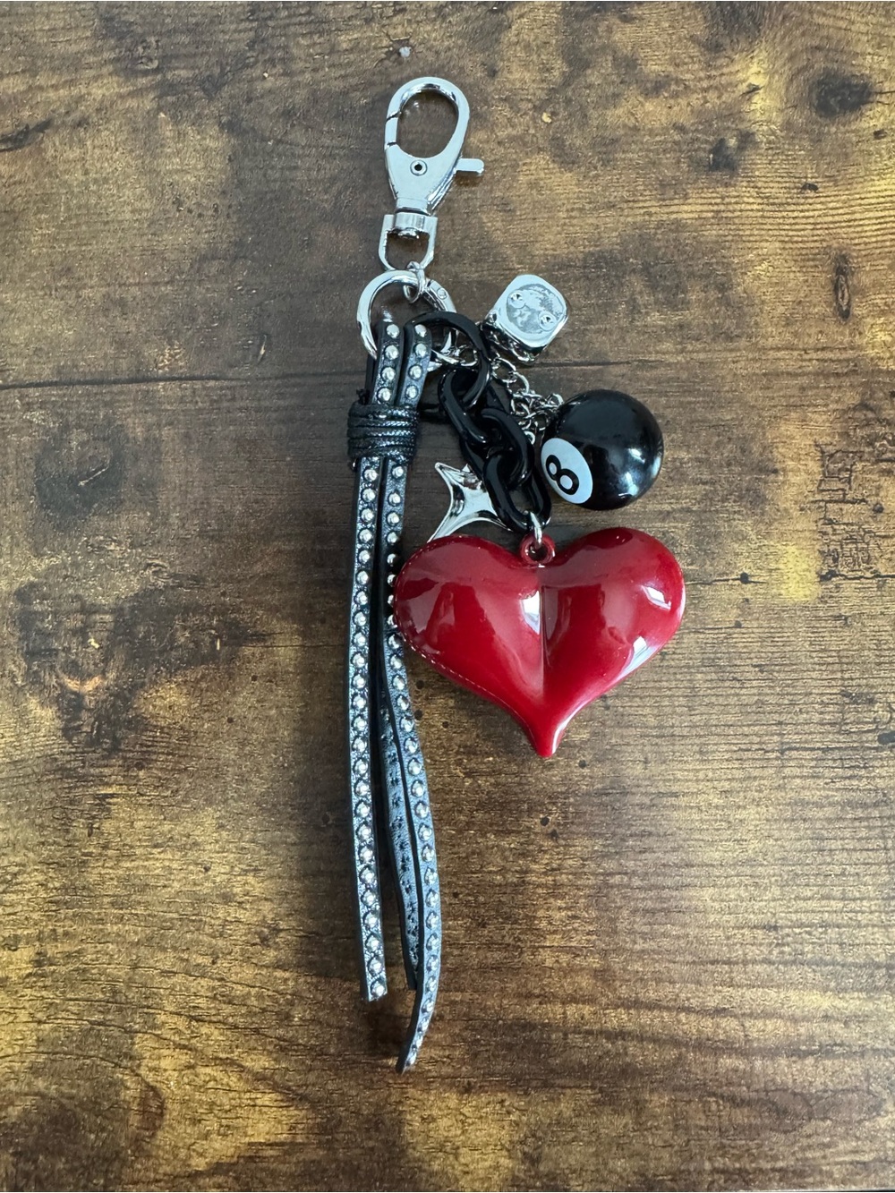 EyeCandy  Red Heart & 8-Ball Charm Keychain with Rhinestone Strap